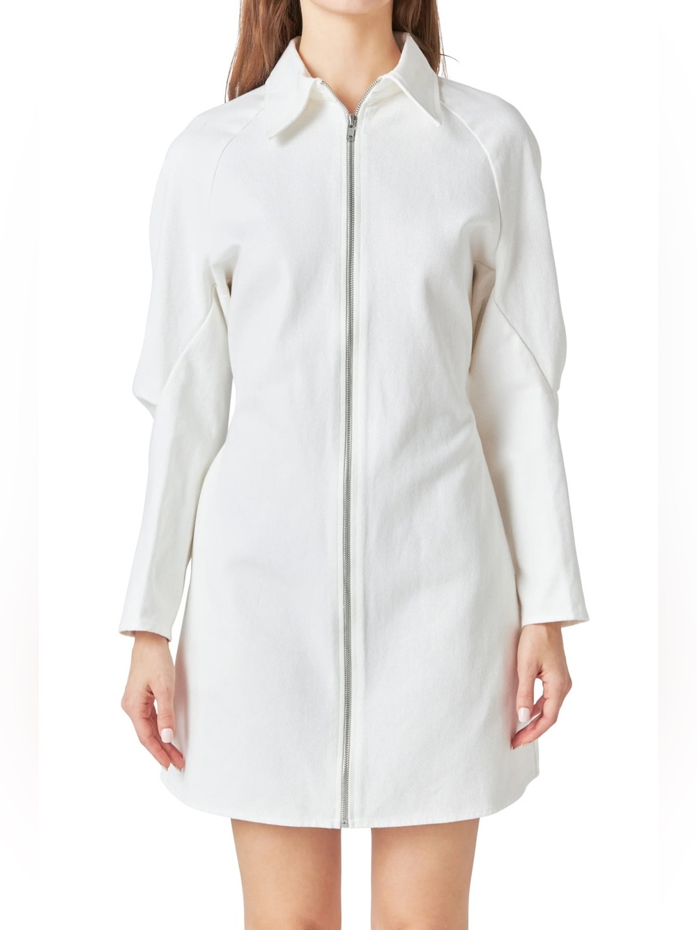 New NWT Grey Lab Long Sleeve Zip Minidress 100% cotton denim white small pleated